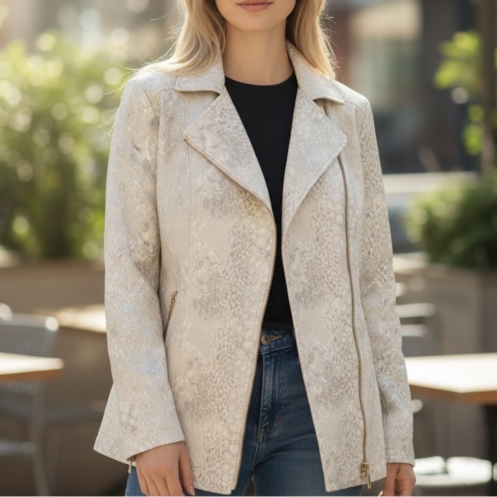 Chico's Faux Suede Elongated Moto Jacket in Cream Chico's Size 1 (US 8-10)